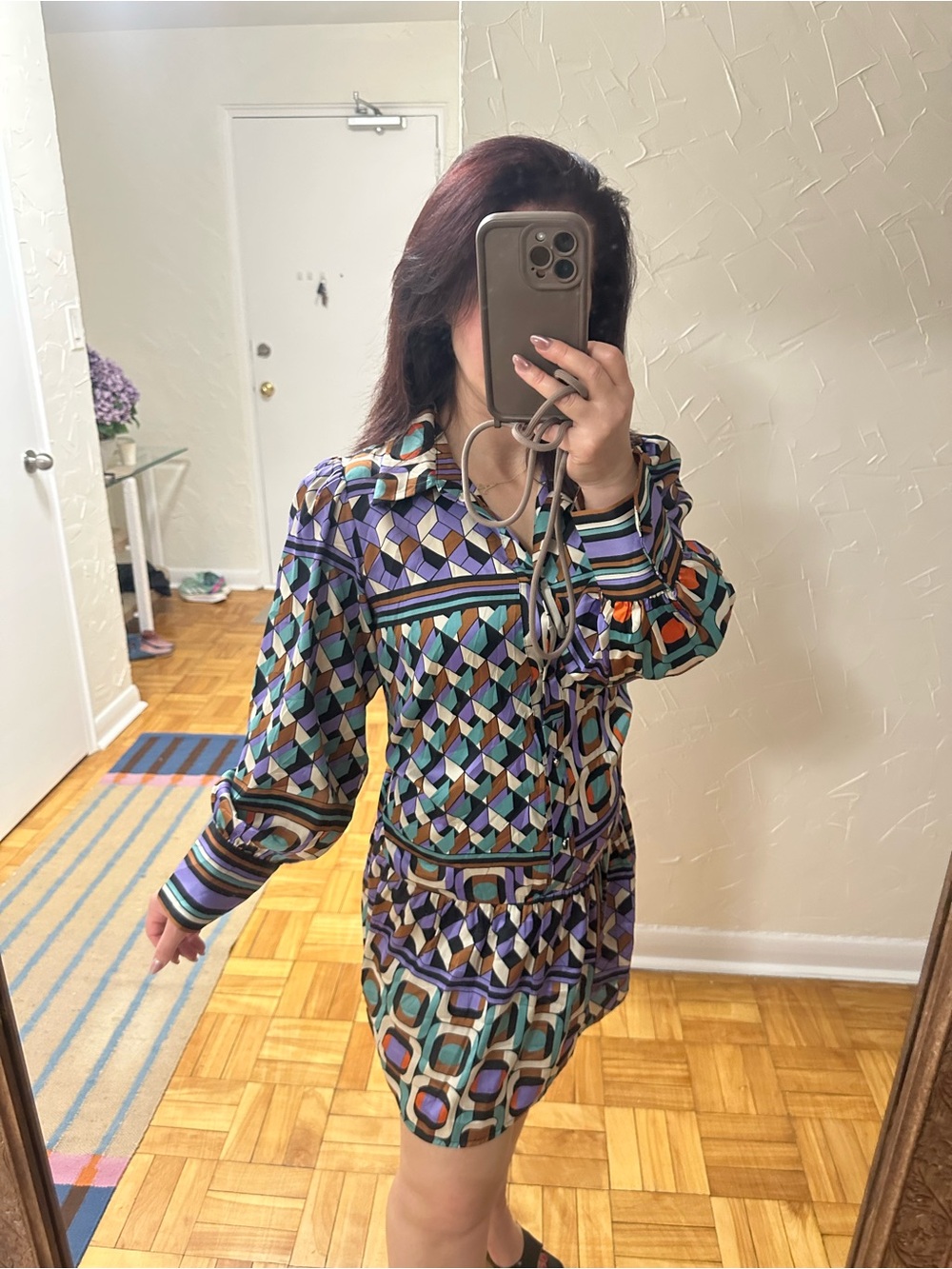 Classy Geometric Print Long-Sleeve Mini Dress in Purple and Teal